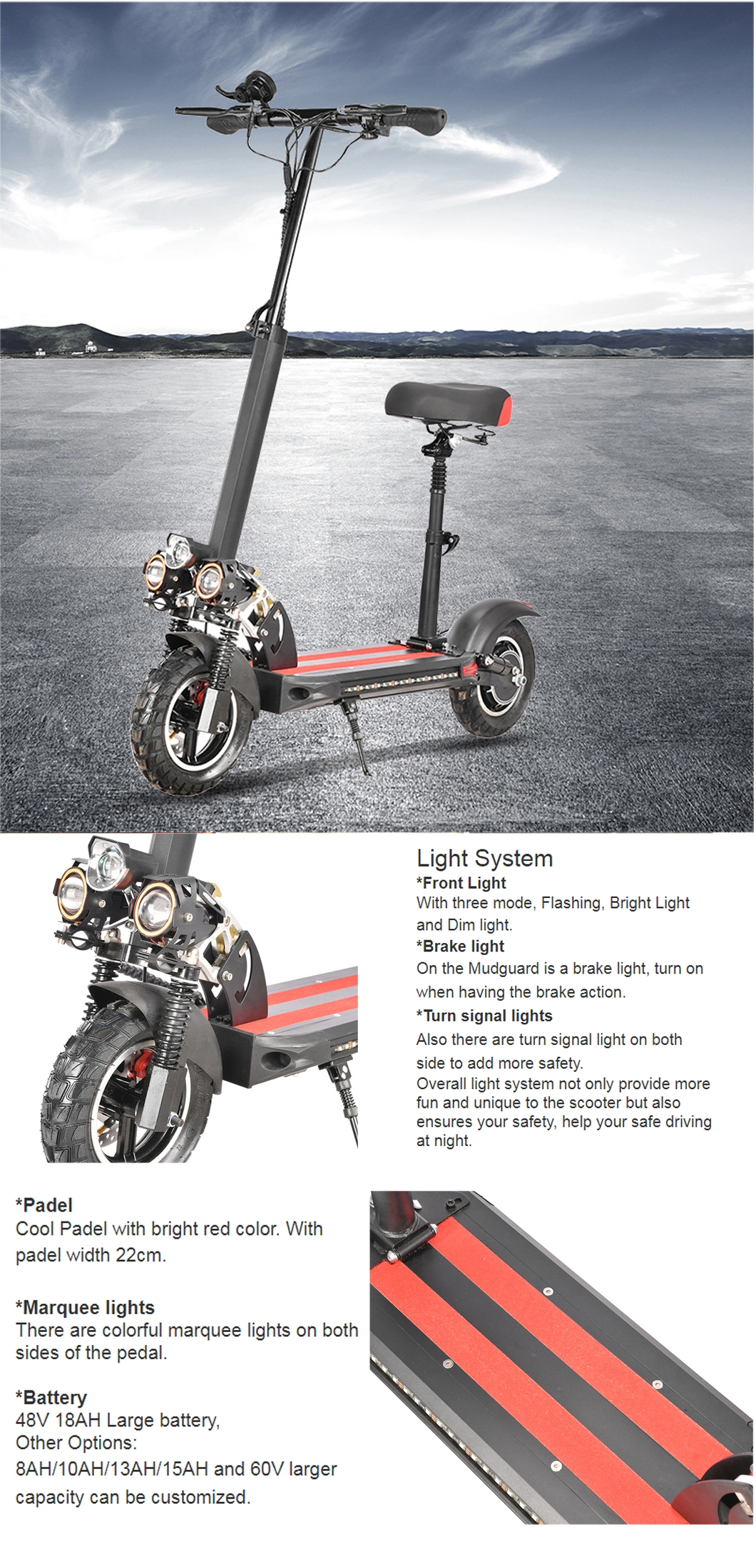 New Stylish 48V 800W Adult Electric Scooter with Seat Light and Suspension E Scooter